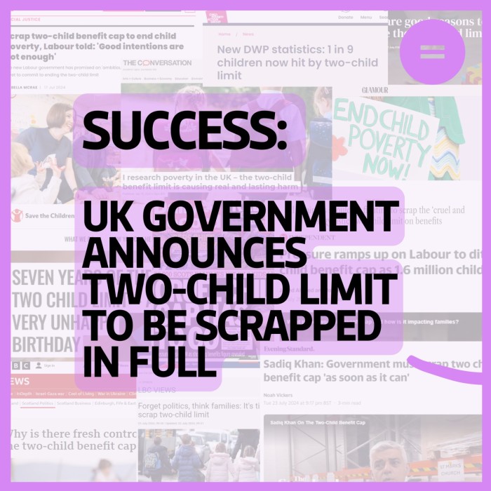 Faded collage of recent news coverage of the negative impact of the two-child limit overlaid with text that reads Success: UK Government announces Two-child limit to be scrapped in full