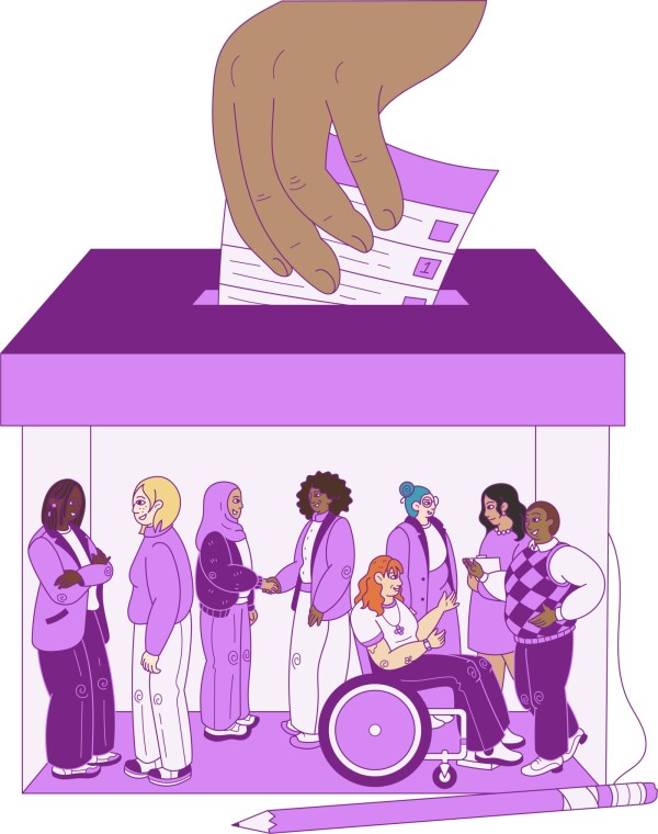 illustrated graphic showing a hand inserting a vote into a ballot box. the box is transparent and contains a diverse group of women