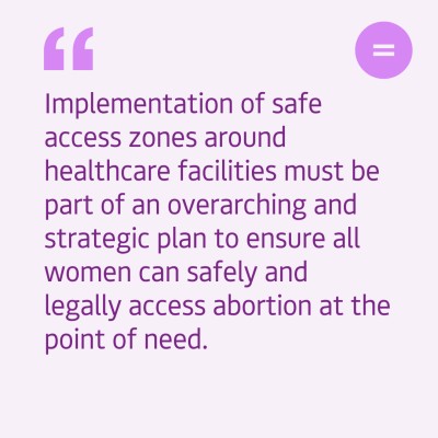 The graphic shows a light purple background with dark purple left-aligned text quote that reads "Implementation of safe access zones around healthcare facilities must be part of an overarching and strategic plan to ensure all women can safely and legally access abortion at the point of need". In the top right-hand corner of the graphic there is Engender's logo, which is an equals sign in a bright purple circle.
