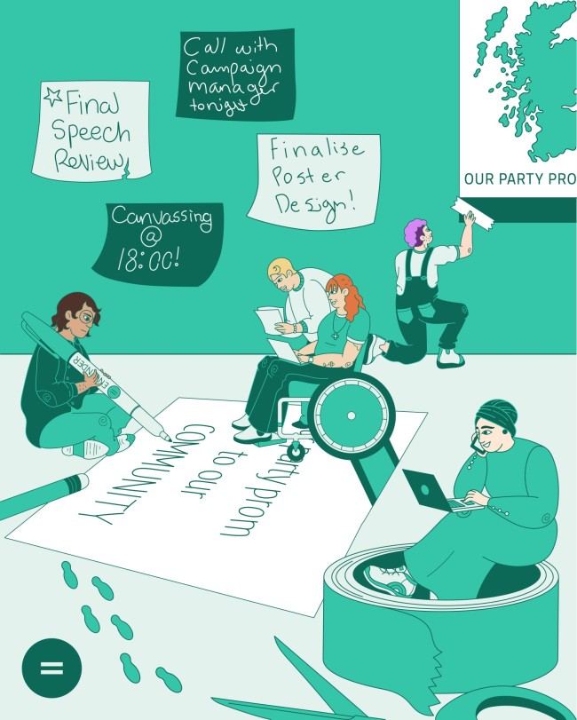 Illustration by Madeleine Leask showing women preparing for political campaiging