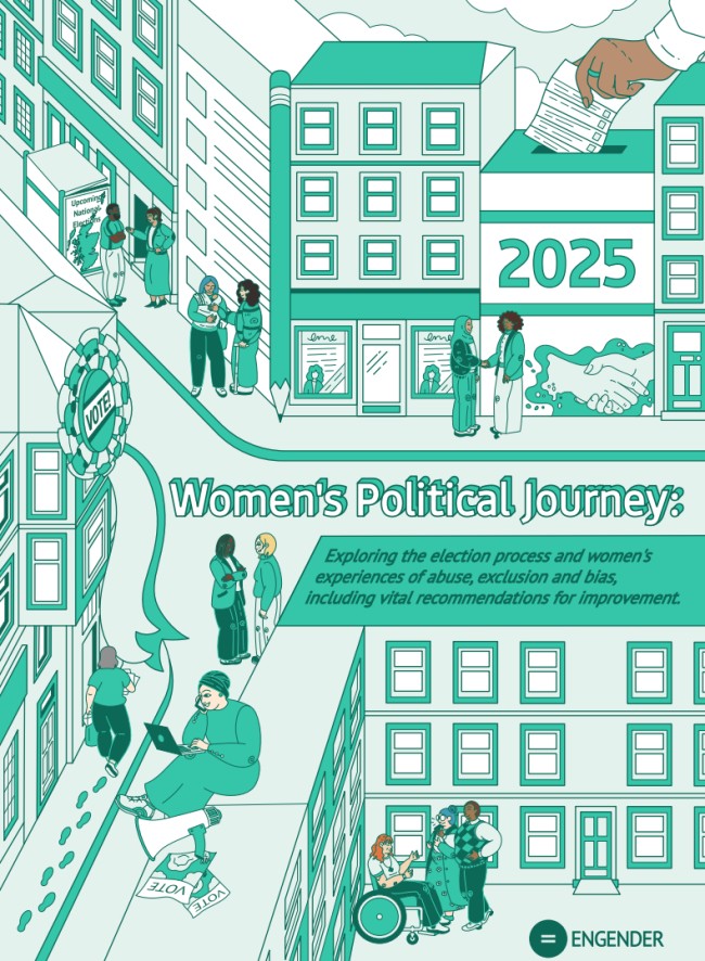 Cover of Engender's report Women's Political Journeys with illustrations by Madeleine Leask