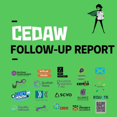 The graphic shows a bright green background with black & white left-aligned text that reads "CEDAW Follow-up report". In the top right-hand corner of the graphic there is a picture of the CEDAW Superhero. Along the bottom of the graphic are the logos of the following organisations: Scottish Women's Convention, LGBT Youth Scotland, Zero Tolerance, SCVO, the ALLIANCE, Women's Enterprise Scotland, Women5050, CEMVO, Scottish Women's Aid, Equality Network, Women's Support Project, Together, Scottish Trans Alliance, Close the Gap, Inclusion Scotland, CRER, Rape Crisis Scotland, the Poverty Alliance, One Parent Families Scotland, and Equate Scotland.
