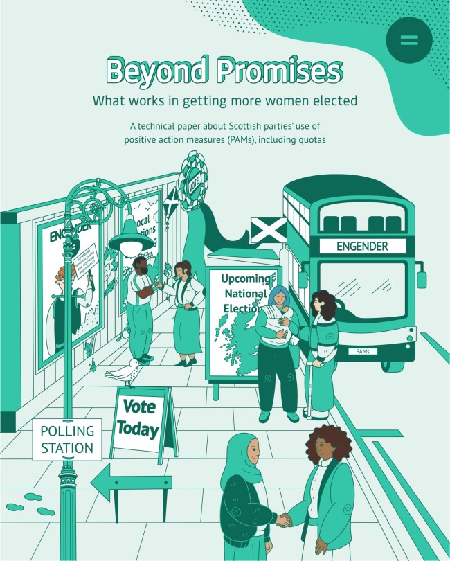 Graphic showing the front cover of the Beyond Promises: What works in getting more women elected report