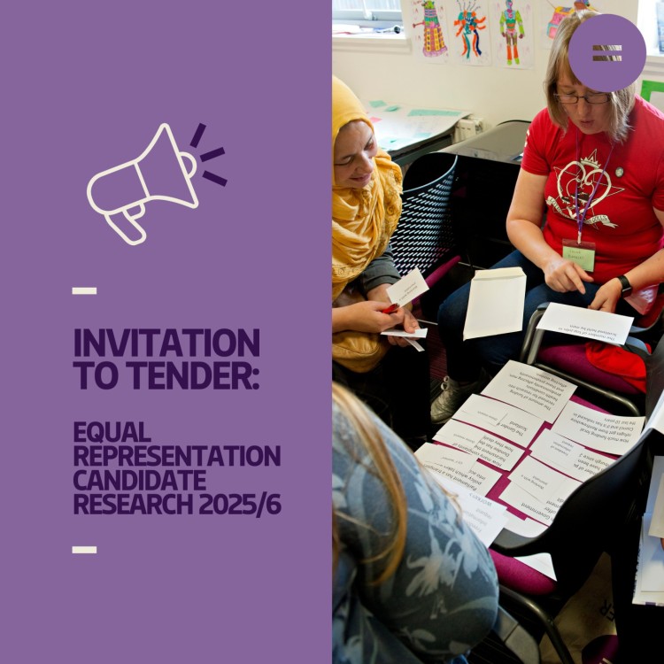 The graphic shows a photo of women taking part in a workshop next to a purple background with dark purple left-aligned text that reads "Invitation to tender: Equal representation candidate research 2025/6" below an icon of a megaphone emitting sound