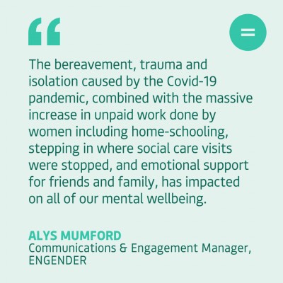 Graphic with a light teal background with darker teal left-aligned quoted text which reads "The bereavement, trauma and isolation caused by the Covid-19 pandemic, combined with the massive increase in unpaid work done by women including home-schooling, stepping in where social care visits were stopped, and emotional support for friends and family, has impacted on all of our mental wellbeing." The quote is attributed to Alys Mumford, Communications and Engagement Manager, Engender. In the top right hand corner of the graphic is the Engender logo, a circle with an equals symbol in the centre, in dark teal.