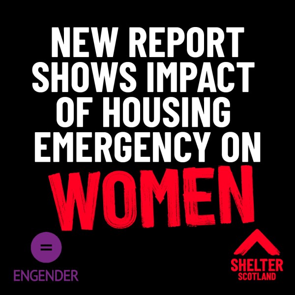 Graphic with a black background and white and red text that reads New report shows impact of housing emergency on women