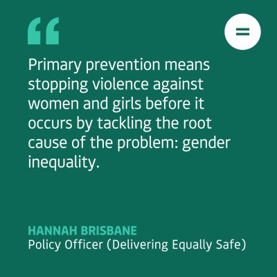 The graphic shows a dark teal background with white left-aligned text quote that reads "Primary prevention means stopping violence against women and girls before it occurs by tackling the root cause of the problem: gender inequality.". The quote is attributed to Hannah Brisbane, Policy Officer (Delivering Equally Safe). In the top right-hand corner of the graphic there is Engender's logo, which is an equals sign in a white circle.