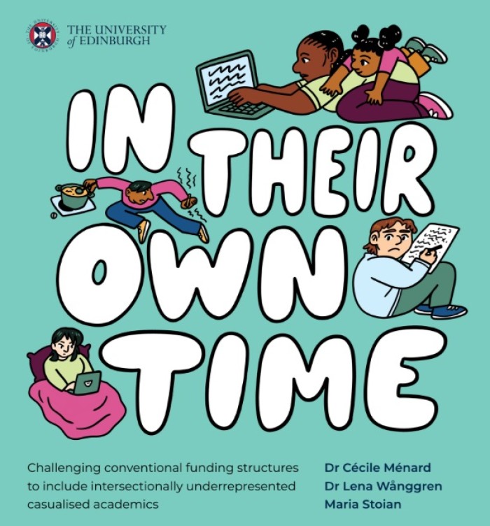 Graphic with illustrations by Maria Stoian of women working and doing unpaid labour with text that reads In Their Own Time