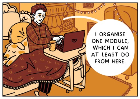 illustration of a researcher sitting on the sofa using their laptop, captioned 'i organise one module, at least i can do that from here'
