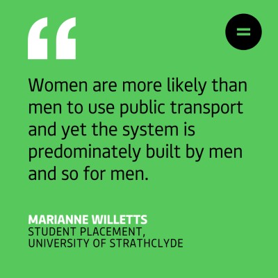 The graphic shows a bright green background with black left-aligned text quote that reads "Women are more likely than men to use public transport and yet the system is predominately built by men and so for men.". The quote is attributed to Marianne Willetts, Student Placement, University of Strathclyde. In the top right-hand corner of the graphic there is Engender's logo, which is an equals sign in a black circle.