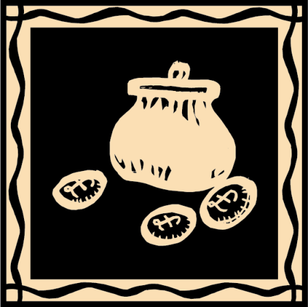 Illustration of a purse with a small amount of change beside it, inside a framed border