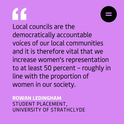 A pink graphic that reads: Local councils are the democratically accountable voices of our local communities and it is therefore vital that we increase women’s representation to at least 50 percent – roughly in line with the proportion of women in our society.