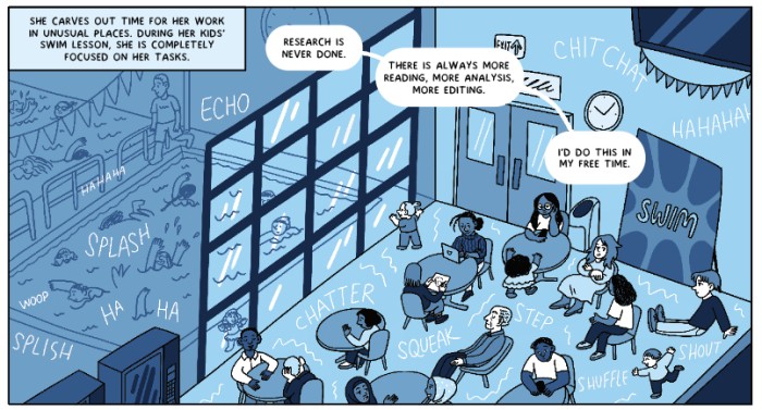 Illustration by Maria Stoian featuring a woman doing unpaid reading and work outside of her job while she is at her children's swimming lessons
