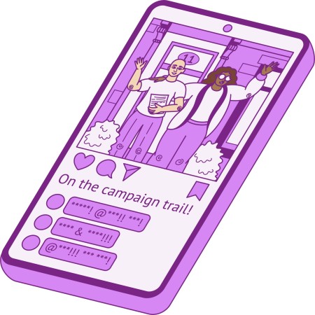 Illustration of a phone showing a women candidate who has posted on social media about being out and about campaigning - the comments shows lots of censored abuse