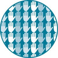 a teal circle with rows of hands in shades of blue